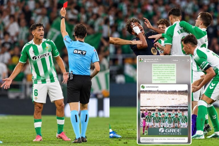 Collage of a referee showing a red card, a clash between players and a social media apology.